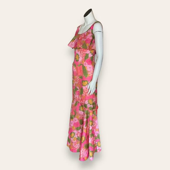 Vintage Hawaiian Pink Floral Mermaid Dress | Ruffle Scoop Neck - Picture 6 of 8